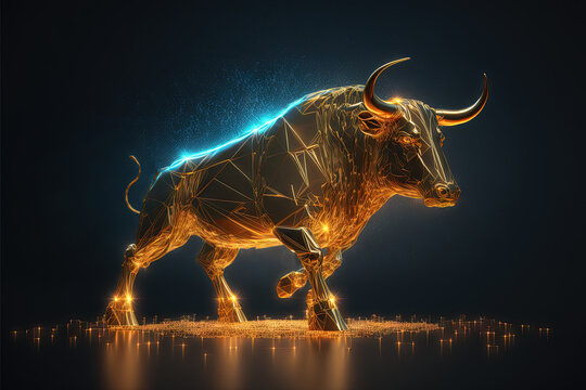 A running Golden Bull is a symbol of financial growth in a technological style on a black and blue background