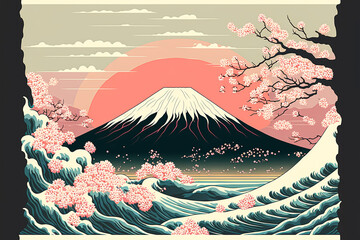 Fuji, waves and cherry blossoms in pastel colors of first sunrise New Year's card. vector illustration, Digital art, holiday, Japan. Generative AI