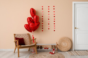 Interior of hall with chair, shoe stand and red balloons for Valentine's Day