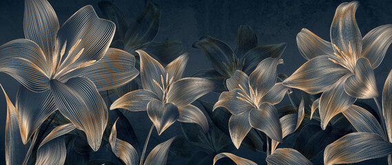 Abstract dark art background with lilies flowers in golden line style. Hand drawn botanical banner for decor, print, textile, wallpaper, interior design. - 559943324