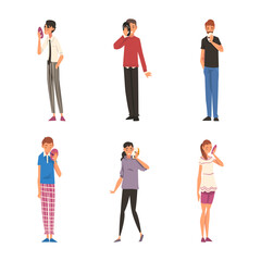 Fototapeta premium Set of people hiding faces behind social masks with fake positive emotions. Men and women in casual clothes disguising real emotions and feelings cartoon vector illustration