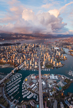 False Creek Downtown Vancouver Sunset Skyline Aerial