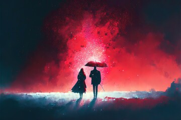 A couple walks together under one umbrella in the glow