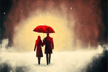 A couple walks together under one umbrella in the glow