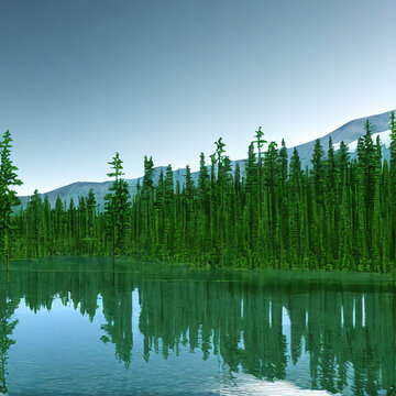AI generated landscape image of a serene lake nestled in a forest of tall trees.