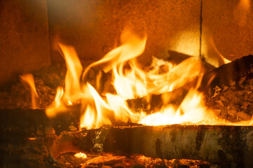 Firewood is burning in the furnace of the hearth close-up. Alternative eco-friendly heating, warm...