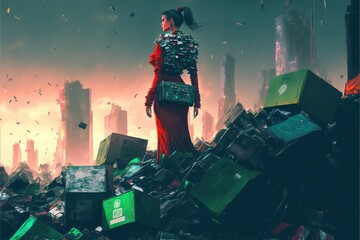 Cyborg girl at the electronics dump, sci-fi scene