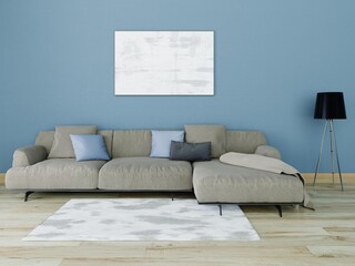 Mock up a comfortable living room with a stylish beige sofa and an original trendy background, 3d rendering.