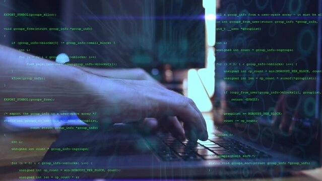 Alternative cinematic macro of programer's hands busy working on latest innovative sophisticated technology laptop or computer keyboard with augmented reality holograms for realization of new project.