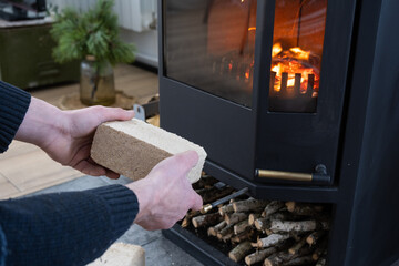 Hands kindle the hearth with economical briquettes. Fuel briquettes made of pressed sawdust for...