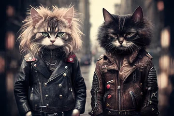 Foto op Canvas London punk rock cats posing in the city wearing leather jackets. Generative AI. © OPPERMAN
