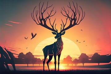 Deer with giant branching antlers trees on sunset background