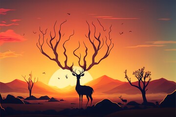Fototapeta na wymiar Deer with giant branching antlers trees on sunset background