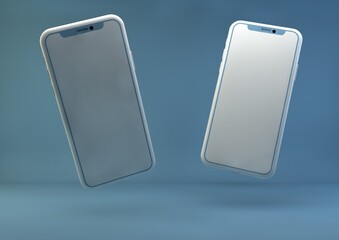 Padang, Indonesia - January 10, 2023: Smartphone frameless mockup. 3d render of Brand new iPhone in blue color - template with a blank screen for application presentation.