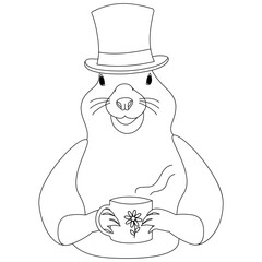 Contour image of the groundhog in a hat with a steaming cup in his paws with a floral image. Icon