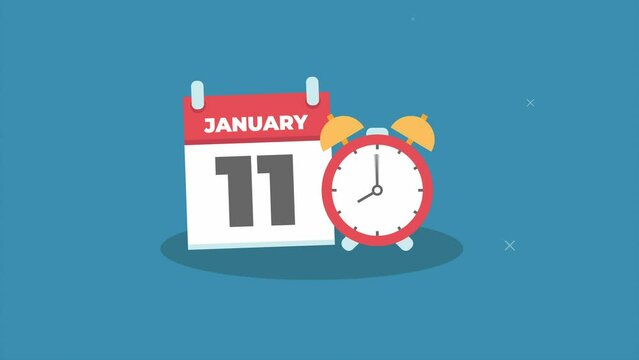 11 january day date concept template calendar page animation.deadline concept. calendar and alarm clock animation.blue background