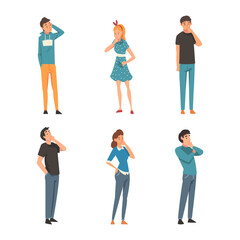 Fototapeta premium Set of thoughtful people. Men, women and children in casual clothes thinking or solving problems cartoon vector illustration