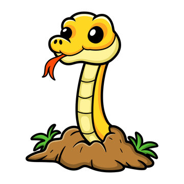 Cute yellow insularis snake cartoon out from ground