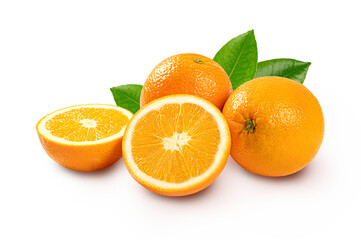 Oranges with half and leaves on white background.