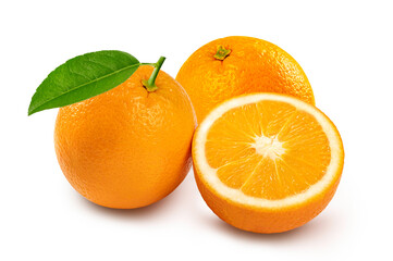 Close up Orange fruit with leaves isolated on white