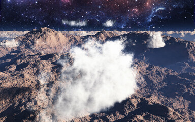Fototapeta na wymiar 惑星風景　山に浮かぶ雲と宇宙　3DCG