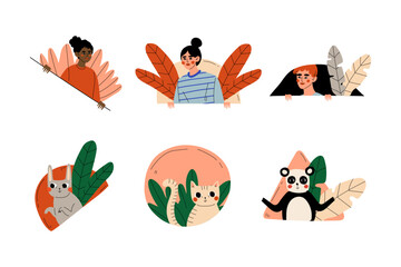 People and animals looking out of windows set cartoon vector illustration