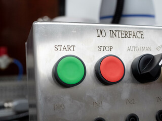 Button switch push power green start stop red pink color off on control icon symbol machine metal emergency energy technology danger safety equipment engine factory security element production        