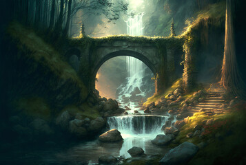 Fantasy forest stone bridge scene AI Generative	
