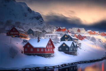 magnificent picture of a snowy Norwegian countryside and dwellings. Generative AI - obrazy, fototapety, plakaty