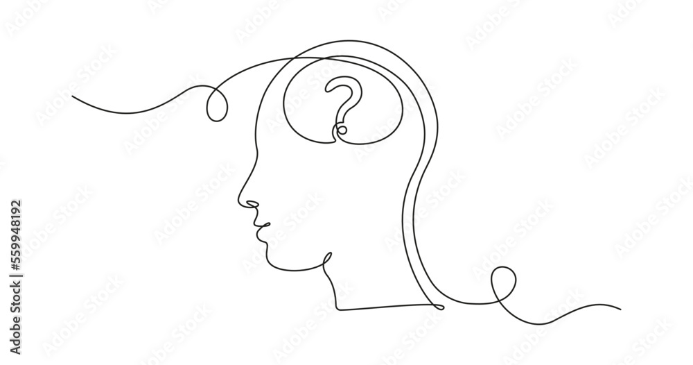 Poster Concept of confused feelings in one continuous line drawing. Human head with question mark inside in simple linear style. Doodle Vector illustration for banner, brochure, poster, presentation