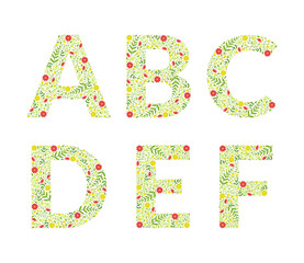 A,b,c,d,e,f floral alphabet letters. Capital letters made flowers and green leaves cartoon vector illustration