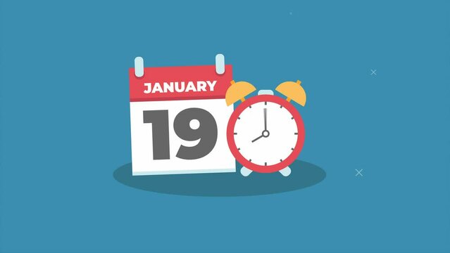 19 january day date concept template calendar page animation.deadline concept. calendar and alarm clock animation.blue background
