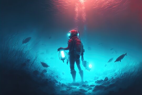 Diver diving underwater, digital art