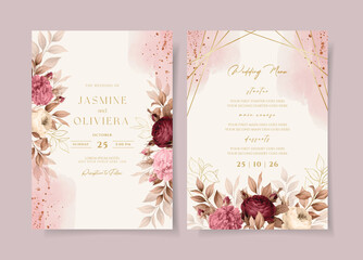 Wedding invitation template set with pink burgundy floral and leaves decoration