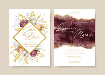 Watercolor wedding invitation template set with burgundy floral and leaves decoration