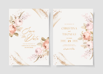 Wedding invitation template set with romantic dried floral and leaves decoration