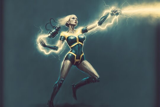 Cyborg girl in armor emits lightning, superhero illustration