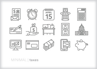 Set of taxes line icons for filing annual financial documents and paying federal and state taxes