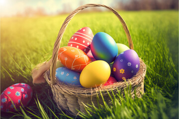 eaaster egg in busket and green grass field, AI generate 