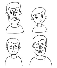 Male faces. Portraits of father and son. Emotions happy and sad. Vector line hand drawings in doodle style. Isolated faces avatars for design
