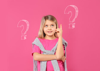 Choice in profession or other areas of life, concept. Making decision, cute little girl surrounded...