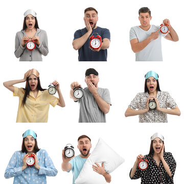 Collage with photos of people with alarm clocks on white background