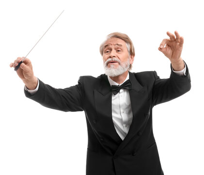 Professional conductor with baton on white background