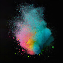Colourful chalk explosion, dust cloud, isolated on a black background