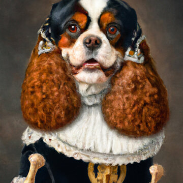 A 16th Century Style Portrait Painting Of A Cavalier King Charles Spaniel