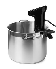 Thermal immersion circulator in pot isolated on white. Sous vide cooker