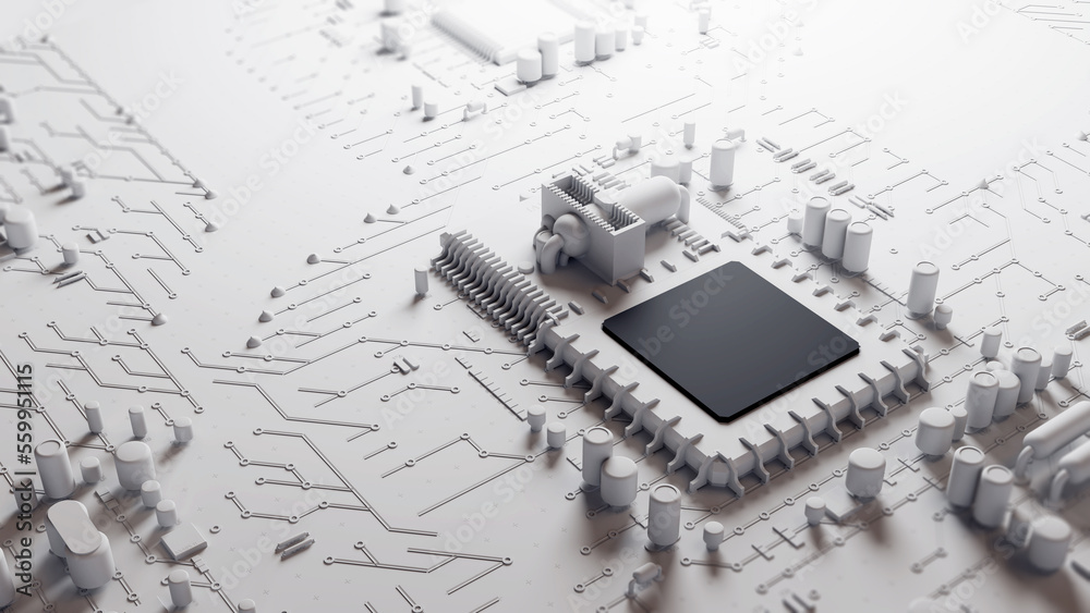 Poster 3d rendering  of futuristic blue circuit board and cpu