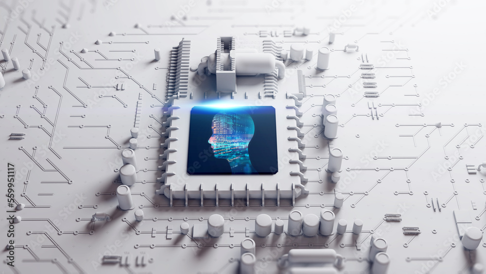 Poster 3d rendering  of futuristic blue circuit board and cpu