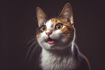 Illustration of a happy smiling calico cat on dark background. Generative ai - obrazy, fototapety, plakaty