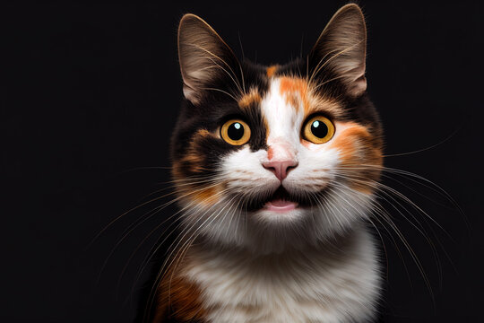 Illustration of a happy smiling calico cat on dark background. Generative ai